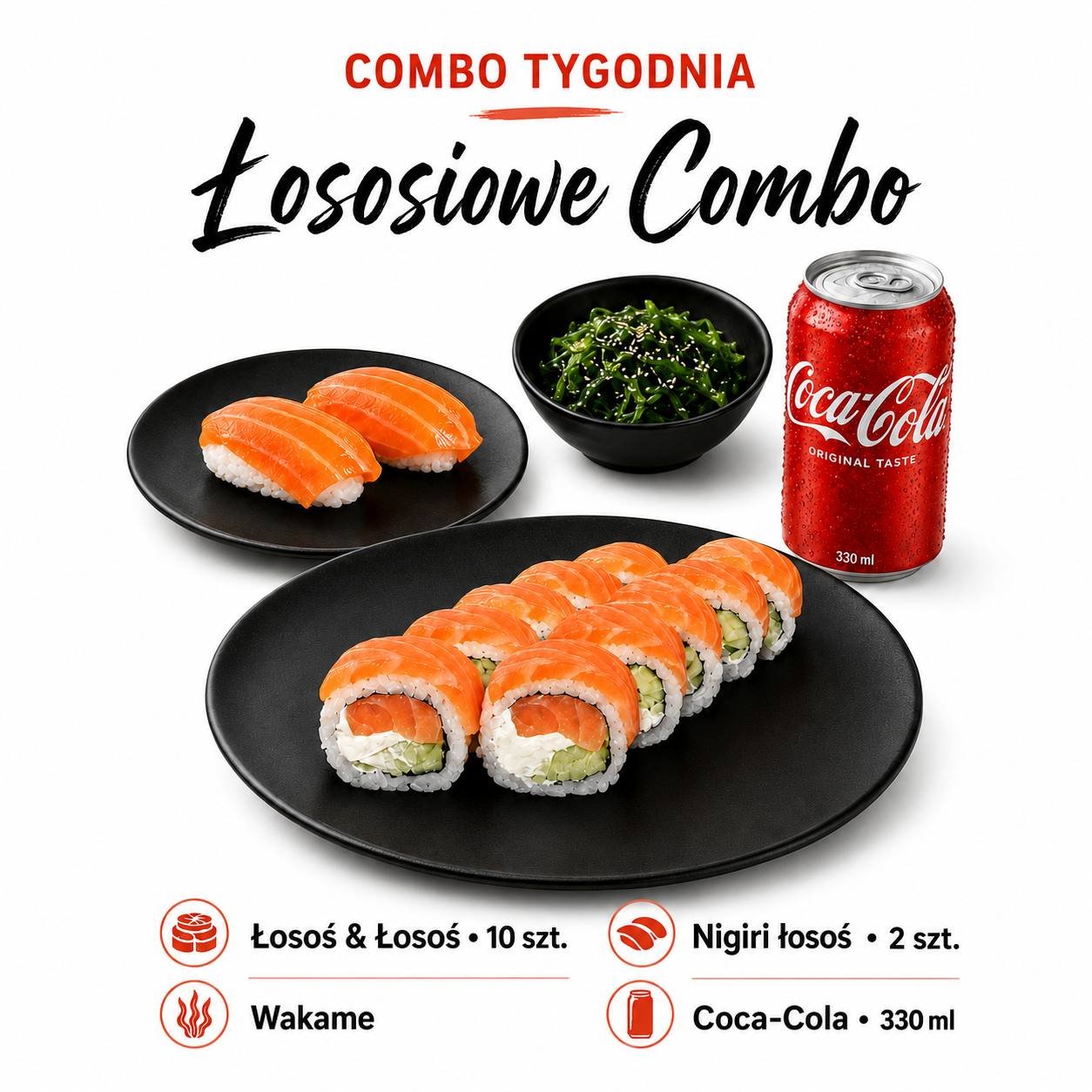 Zestaw Combo: Łosoś&Łosoś+Nigiri+Wakame+Coca Cola